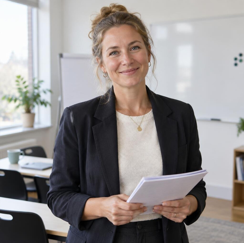 A woman teaching a small storytelling workshop