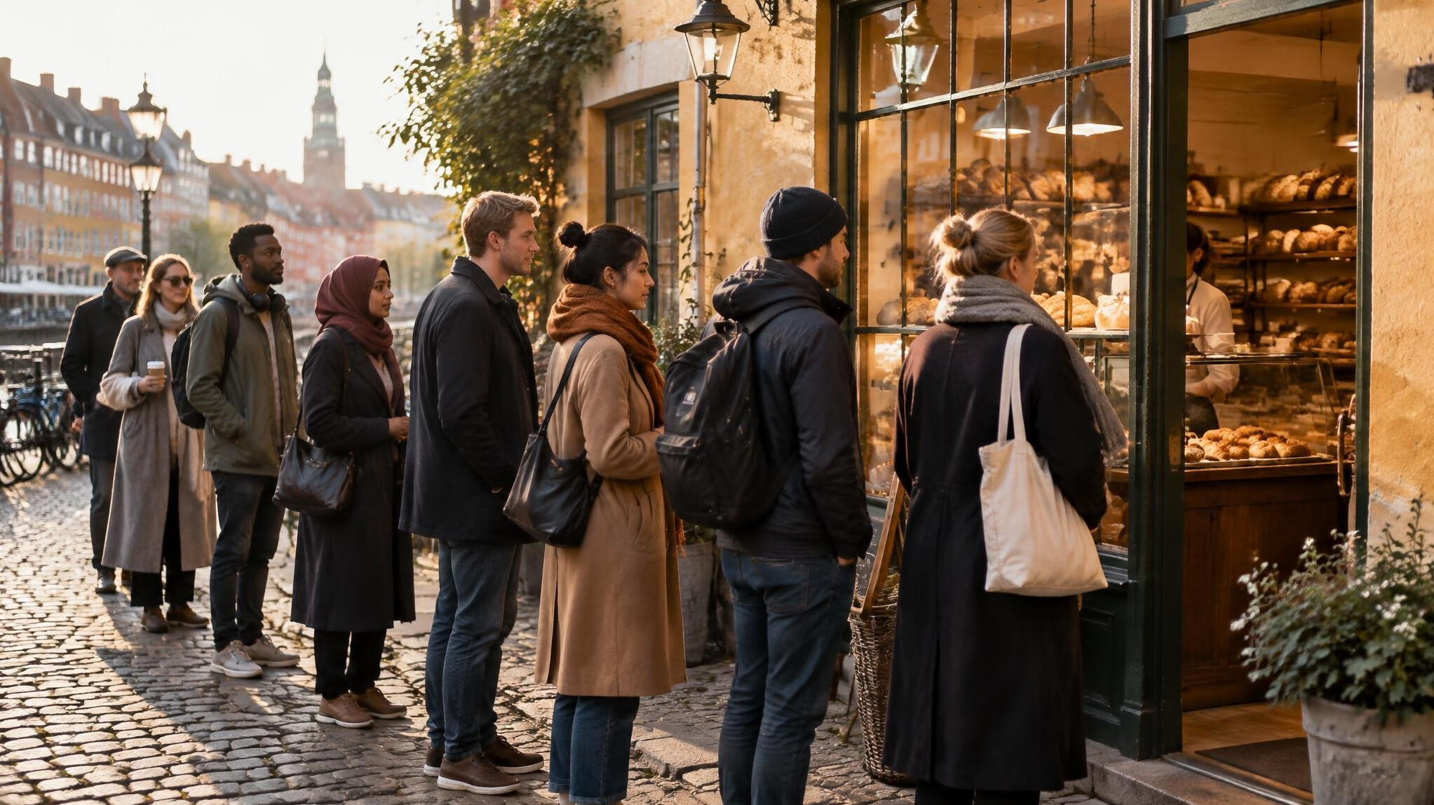 People waiting in a morning queue outside a bakery in Copenhagen