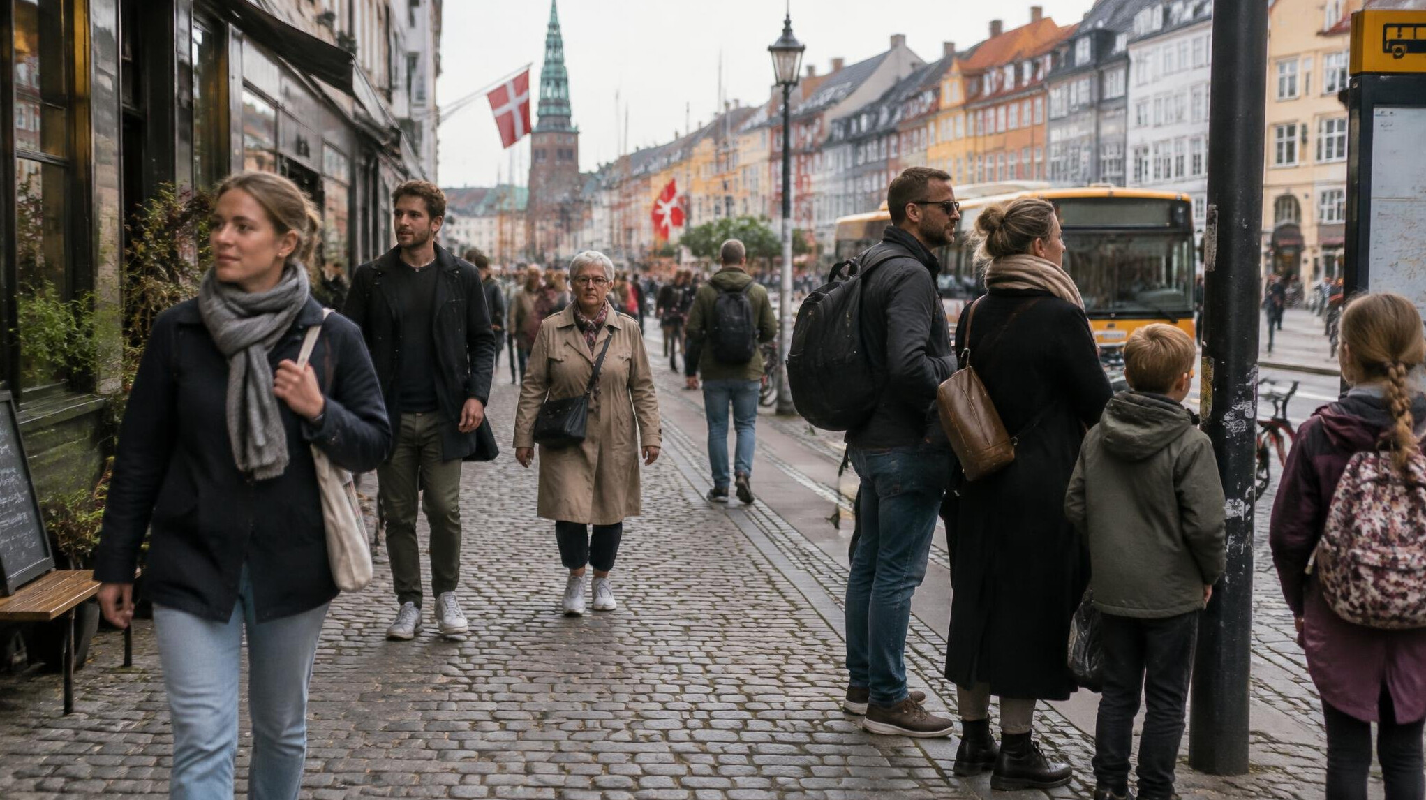People walking and waiting along a busy street in a Danish city